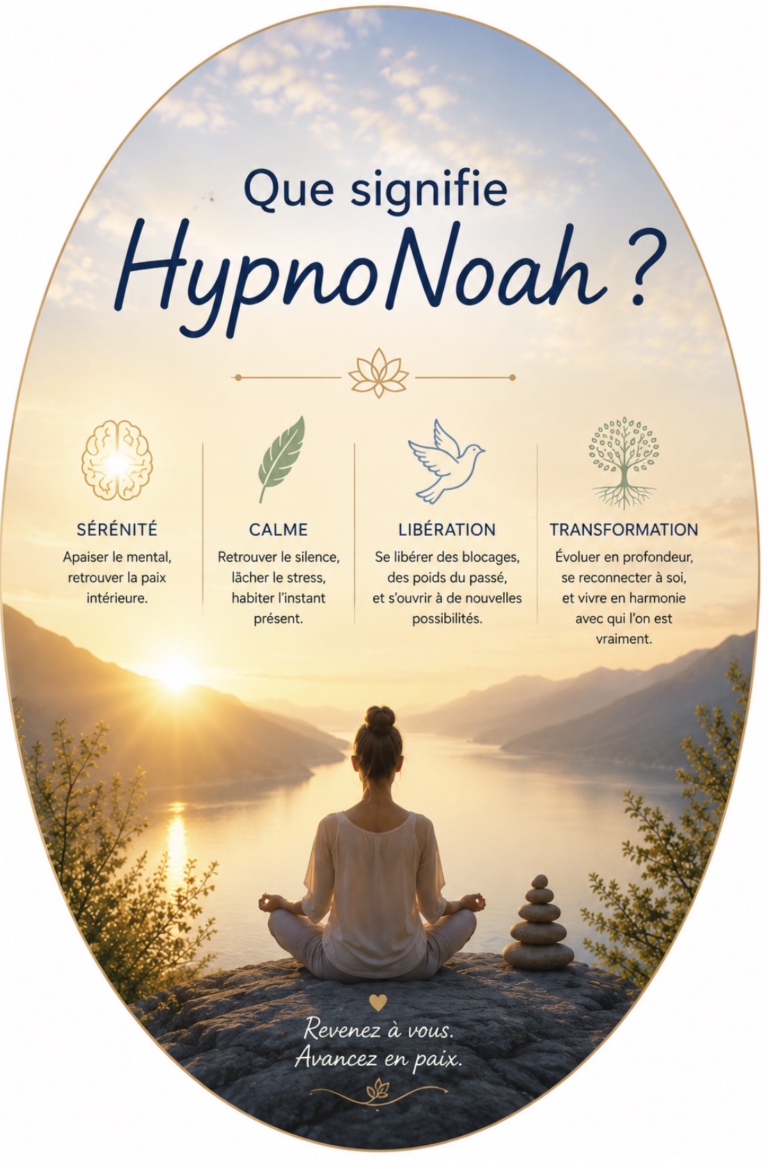 Que signifie HypnoNoah ? Les quatre piliers : sérénité, calme, libération et transformation.